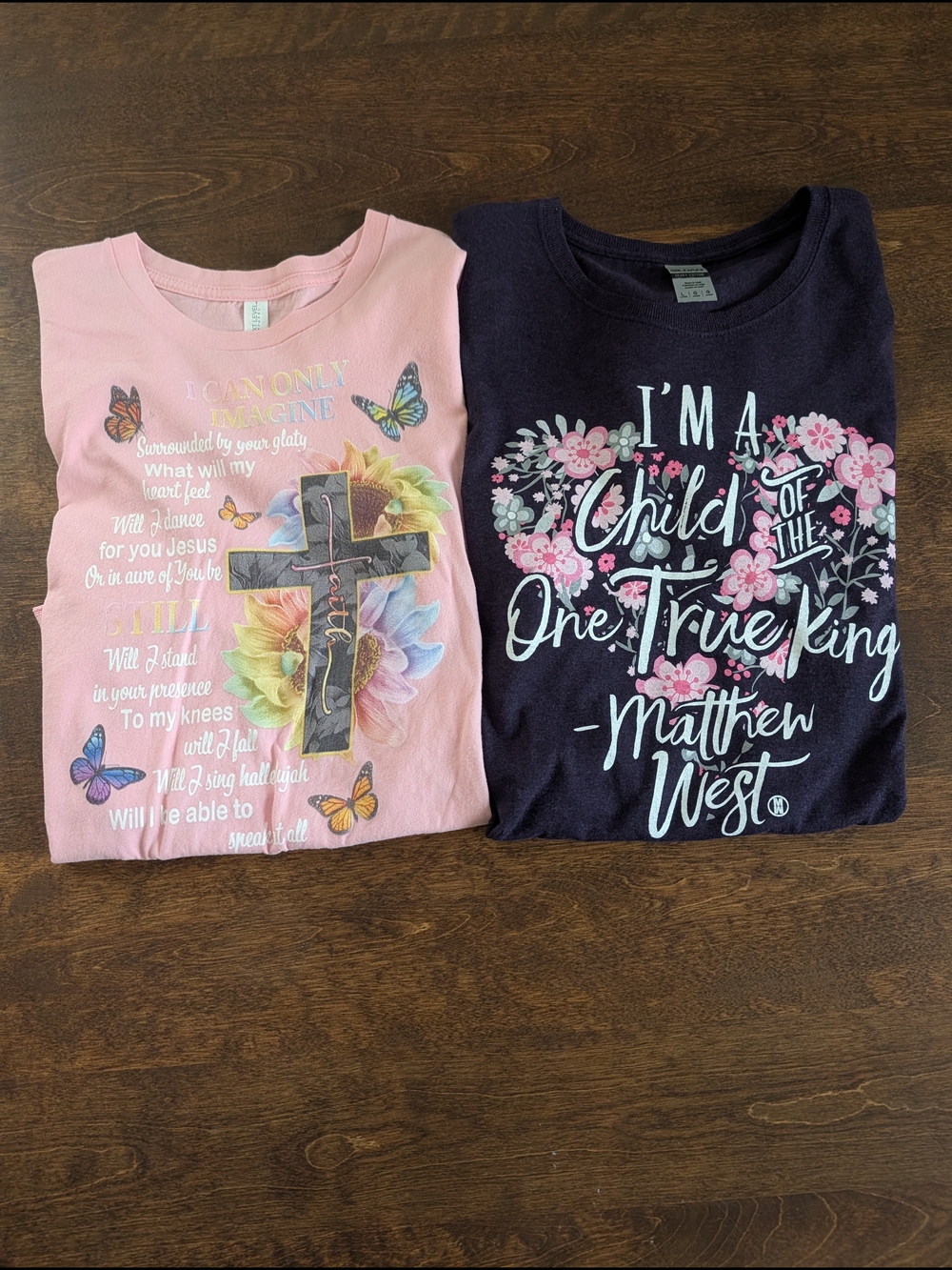 Women's Spiritual Graphic Tee - Pink Cross Design And Purple Floral
